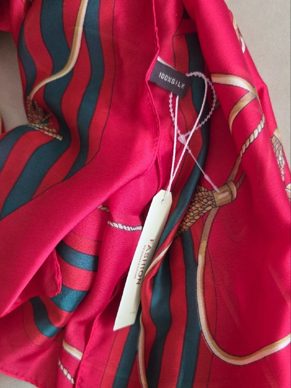 Red Patterned 100% Silk Scarf with Gold Chain Motif 72 X 36 Inches - Picture 2 of 5